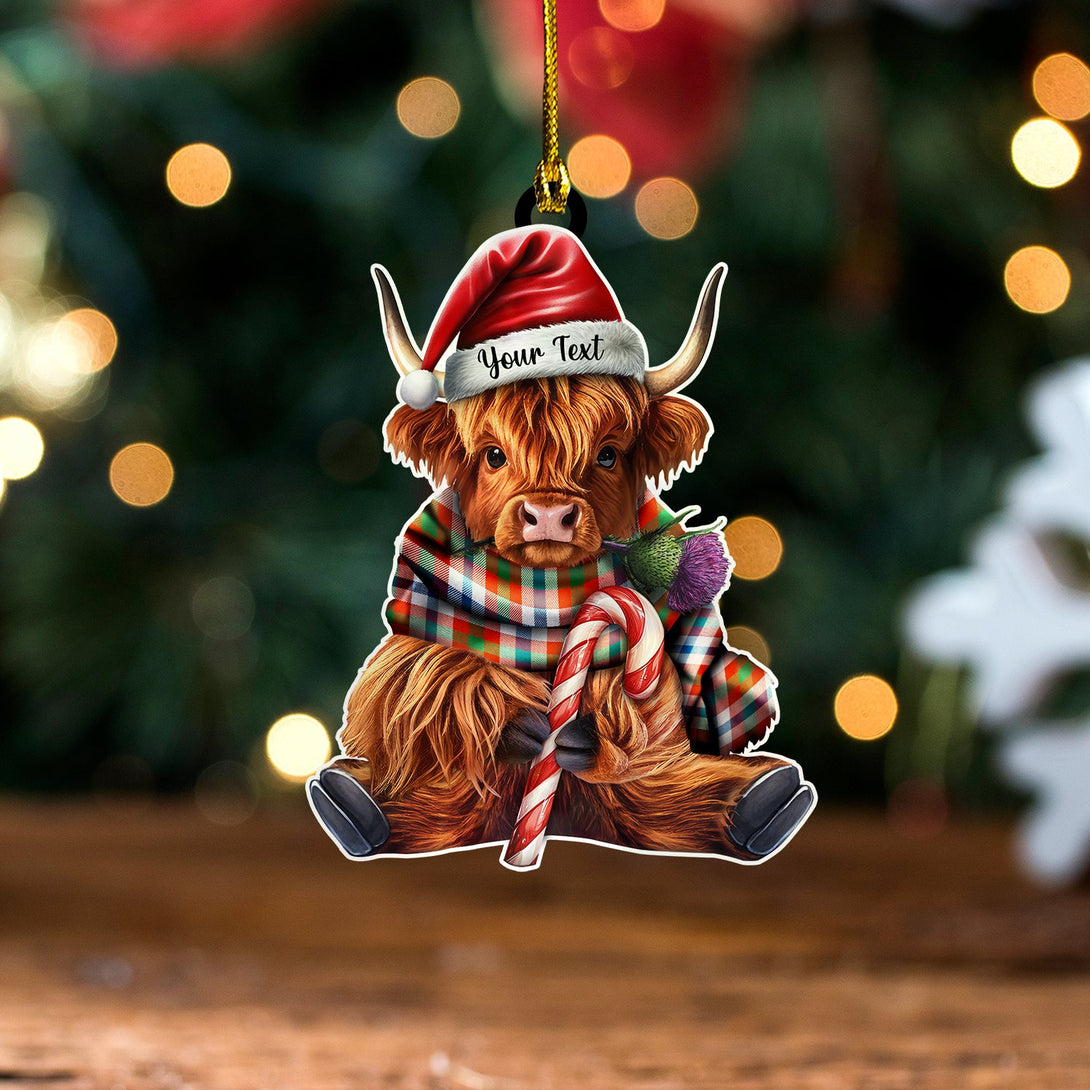 Algarve Ancient Tartan Wood Acrylic Ornament Highland Cow And Thistle Personalized