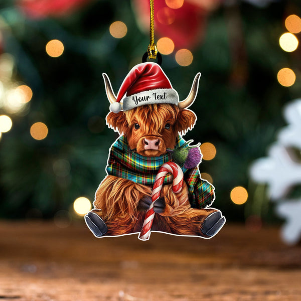 Beatty (Beattie) Ancient Tartan Wood Acrylic Ornament Highland Cow And Thistle Personalized