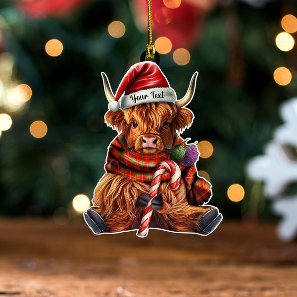 Bruce (Vestiarium Scoticum) Weathered Tartan Wood Acrylic Ornament Highland Cow And Thistle Personalized