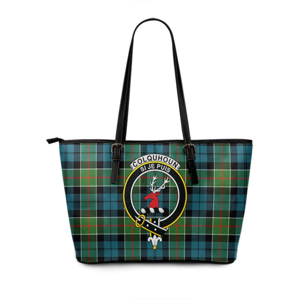 Colquhoun Ancient Clan Badge Tartan Leather Tote Bag