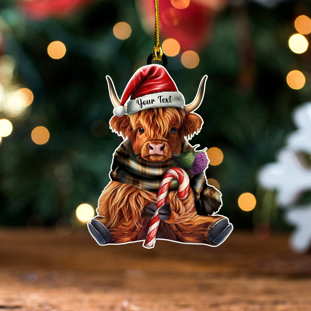 Davidson (Vestiarium Scoticum) Weathered Tartan Wood Acrylic Ornament Highland Cow And Thistle Personalized