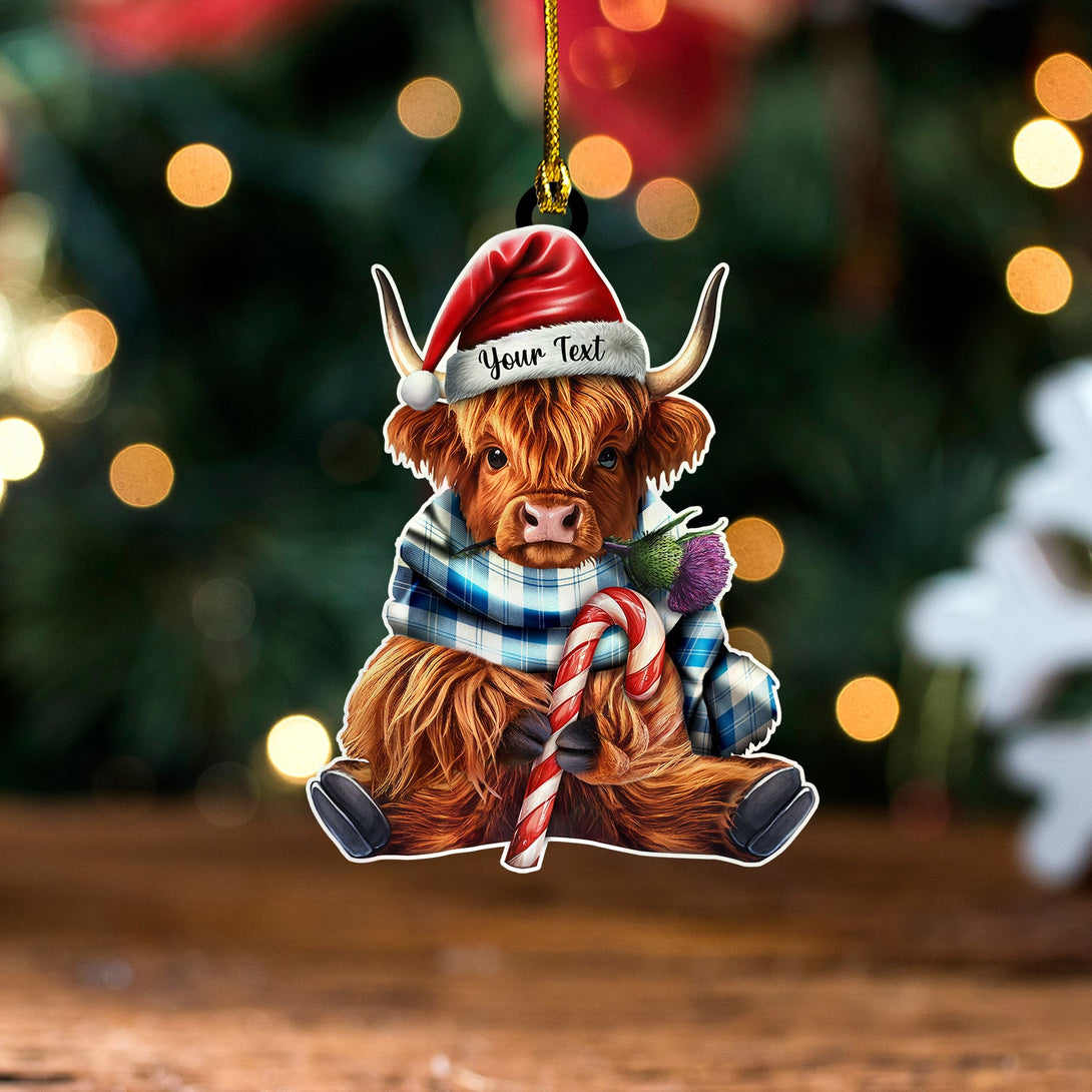 Erskine Dress Dance Blue Ancient Tartan Wood Acrylic Ornament Highland Cow And Thistle Personalized