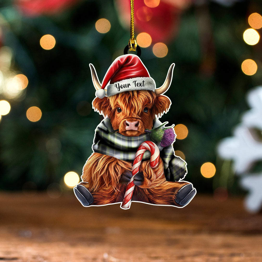 Fraser Green Weathered Tartan Wood Acrylic Ornament Highland Cow And Thistle Personalized