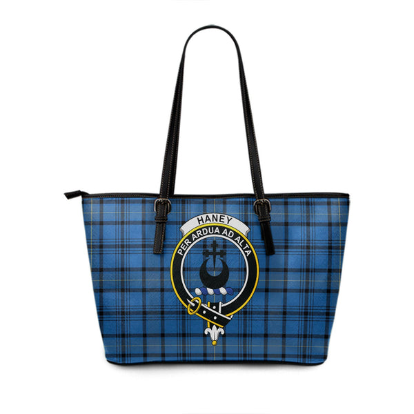 Haney Blue Ancient Clan Badge Tartan Leather Tote Bag