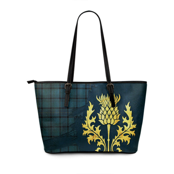 Hannay Blue (Haney Blue) Modern Tartan Leather Tote Bag Thistle Oldest Style