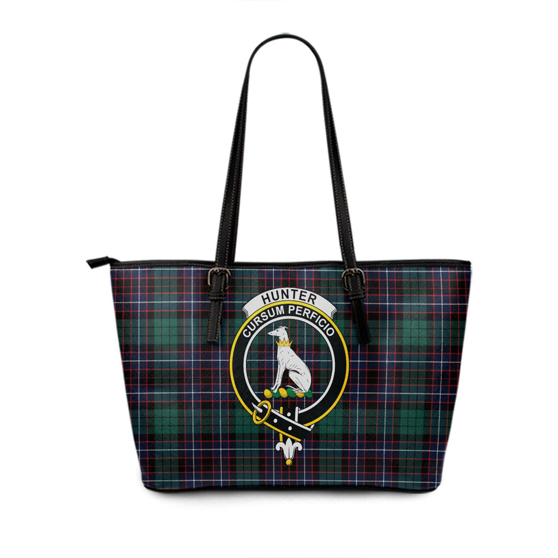 Hunter of Peebleshire Modern Clan Badge Tartan Leather Tote Bag