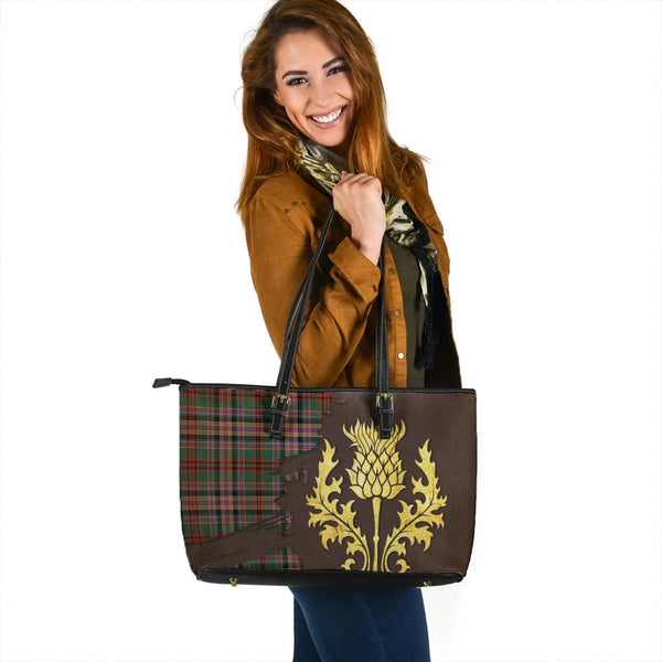 Huntly Old (Gordon Red (Telfer Dunbar)) Ancient Tartan Leather Tote Bag Thistle Oldest Style