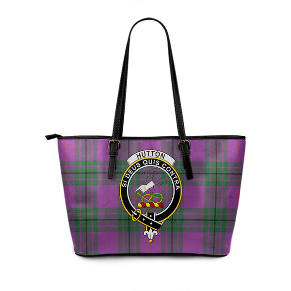 Hutton Ancient Clan Badge Tartan Leather Tote Bag