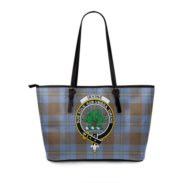 Irvine of Bonshaw Weathered Clan Badge Tartan Leather Tote Bag