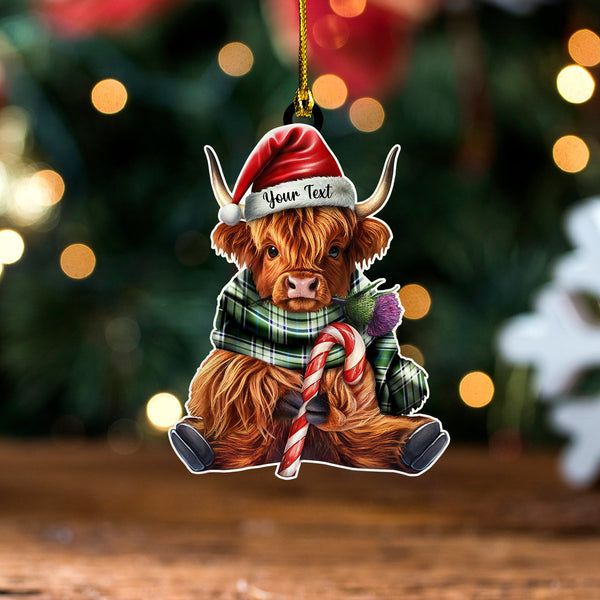 Isle of Man Manx Ellan Vannin Modern Tartan Wood Acrylic Ornament Highland Cow And Thistle Personalized