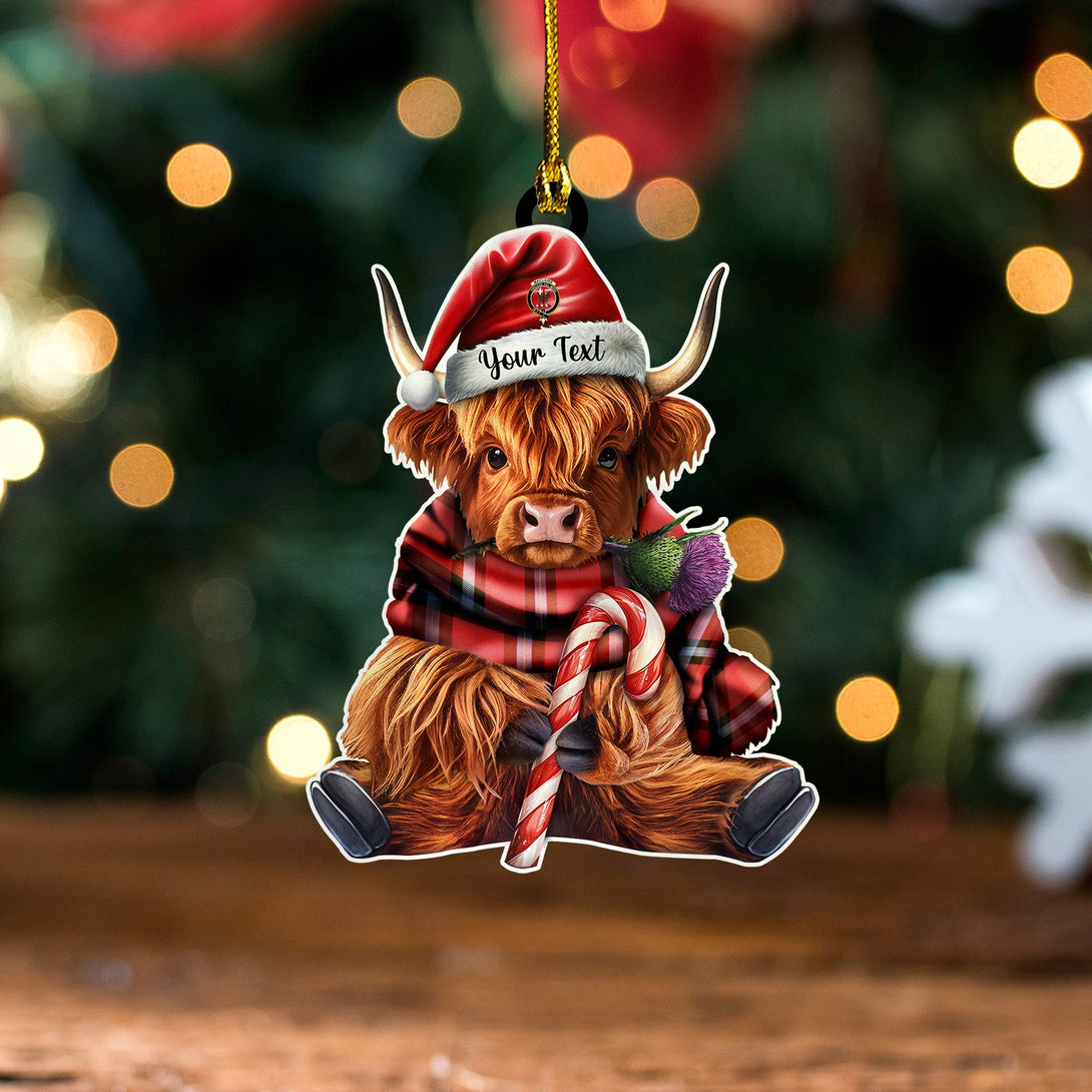 MacLaine of LochBuie (Cockburn) (MacLaine) Weathered Clan Badge Tartan Wood Acrylic Ornament Highland Cow And Thistle Personalized