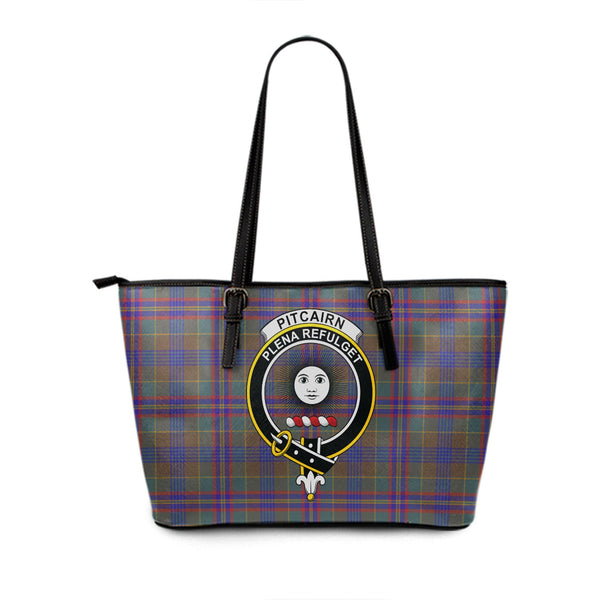 Pitcairn Hunting Weathered Clan Badge Tartan Leather Tote Bag