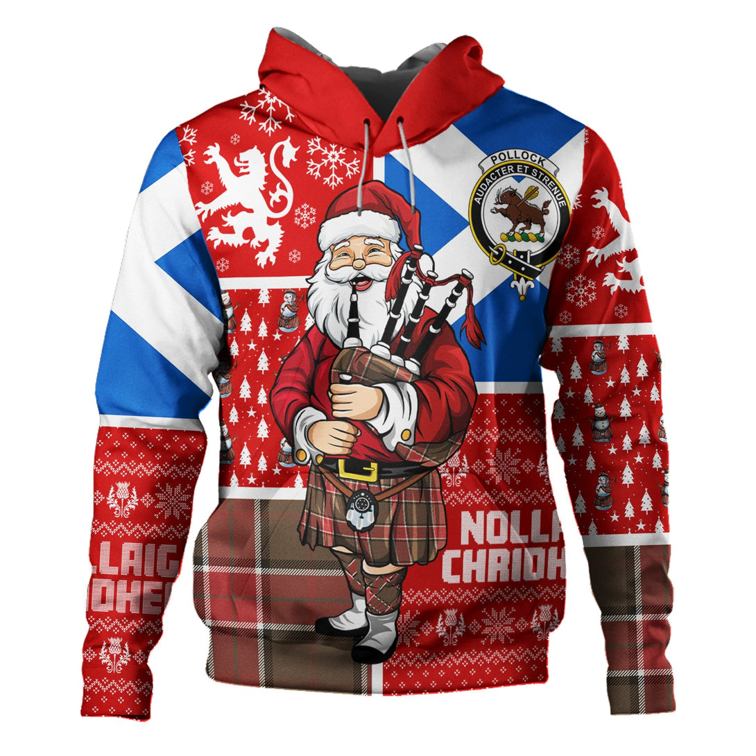 Pollock Weathered Clan Badge Tartan Hoodie Scotland Christmas Santa