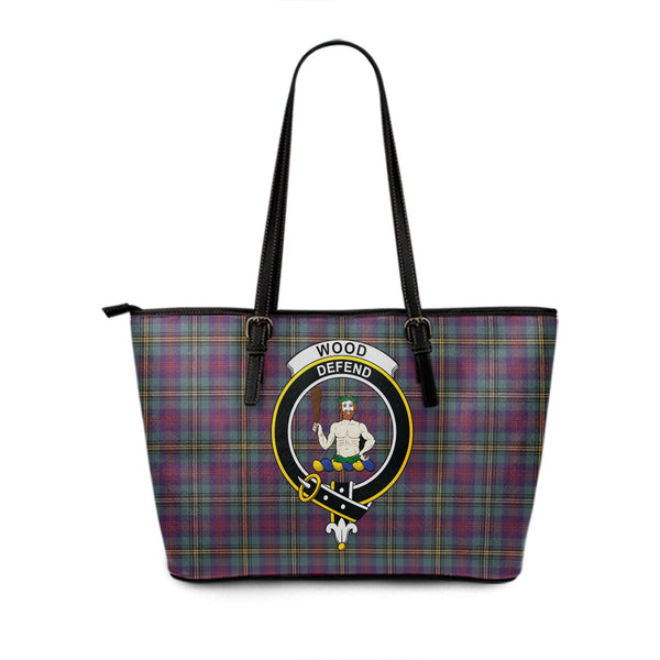 Wood Weathered Clan Badge Tartan Leather Tote Bag