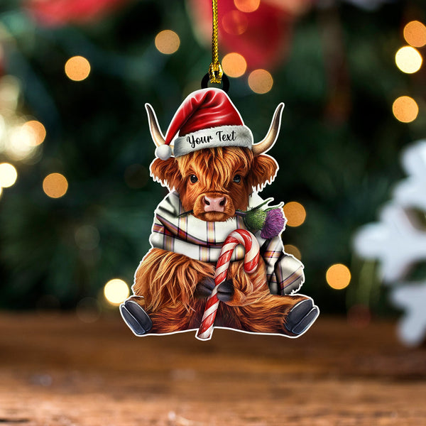 Young Christina Ancient Tartan Wood Acrylic Ornament Highland Cow And Thistle Personalized