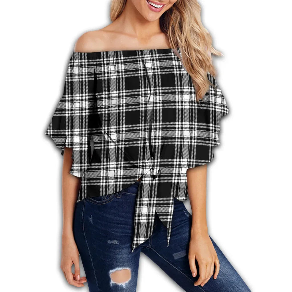 Menzies Black & White Modern Tartan Classic Off Shoulder Waist Wrap Top