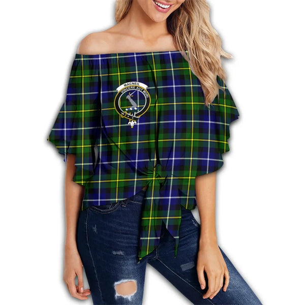 MacNeill of Barra Modern Tartan Classic Crest Off Shoulder Waist Wrap Top