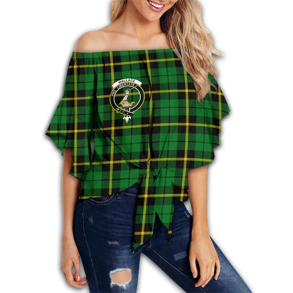 Wallace Hunting - Green Tartan Classic Crest Off Shoulder Waist Wrap Top