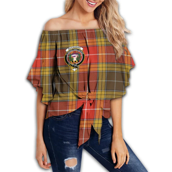 Buchanan Old Set Weathered Tartan Classic Crest Off Shoulder Waist Wrap Top