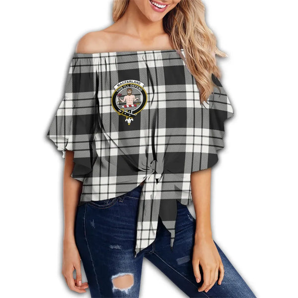 MacFarlane Black & White Ancient Tartan Classic Crest Off Shoulder Waist Wrap Top