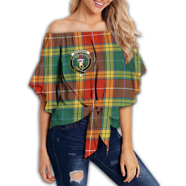 Buchanan Old Sett Tartan Classic Crest Off Shoulder Waist Wrap Top