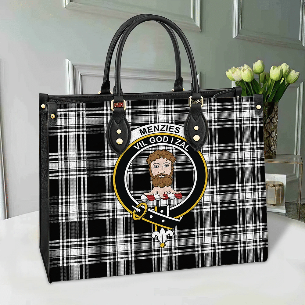 Menzies Black & White Modern Tartan Classic Crest Leather Bag