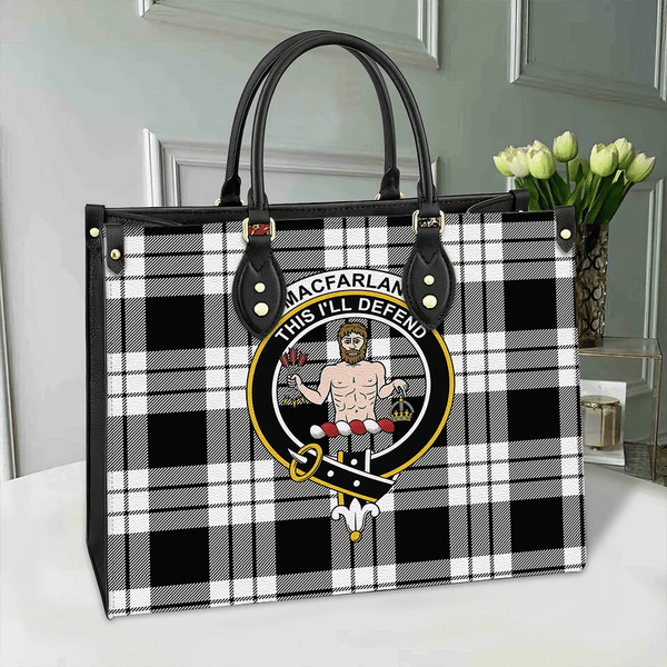 MacFarlane Black & White Ancient Tartan Classic Crest Leather Bag