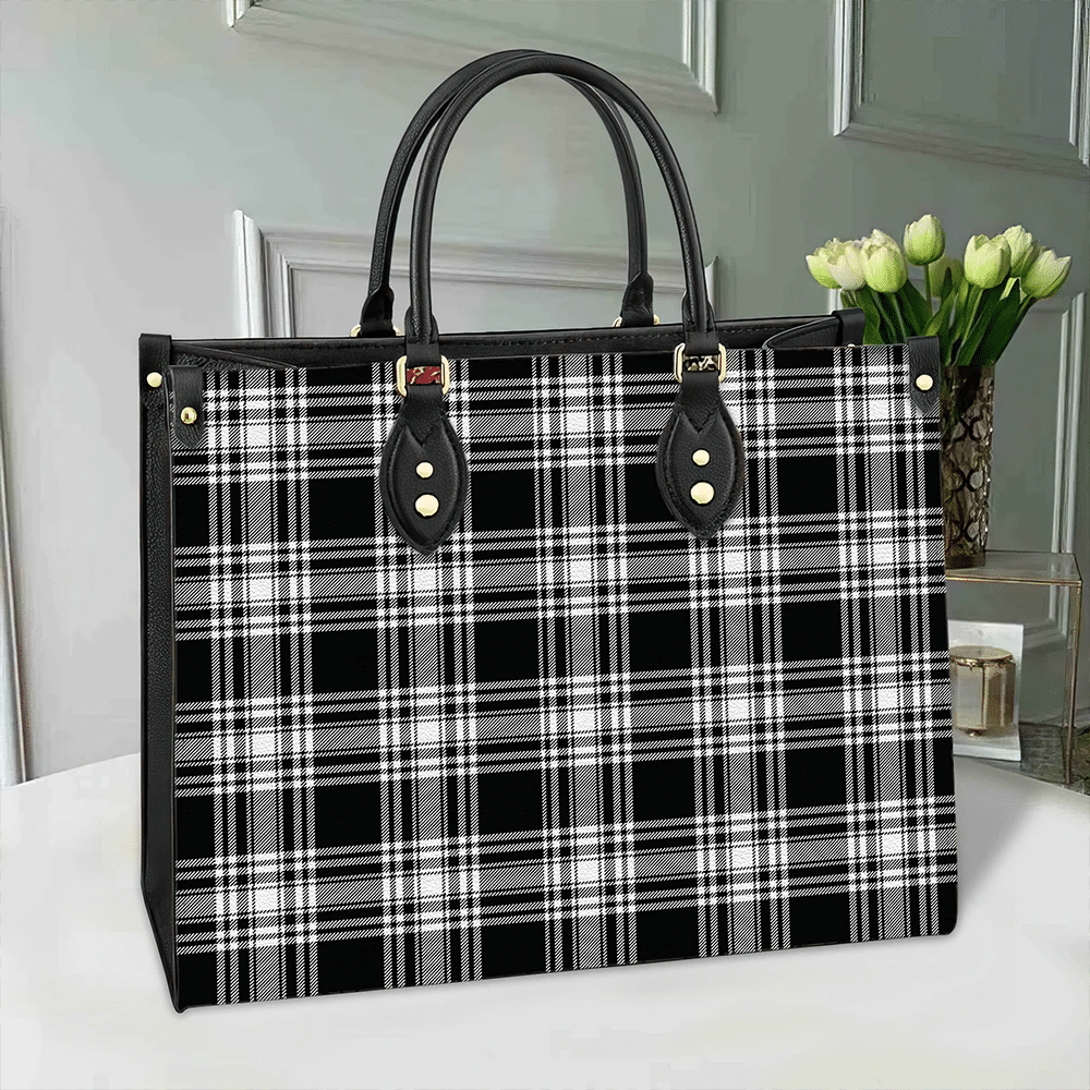 Menzies Black & White Modern Tartan Classic Leather Bag