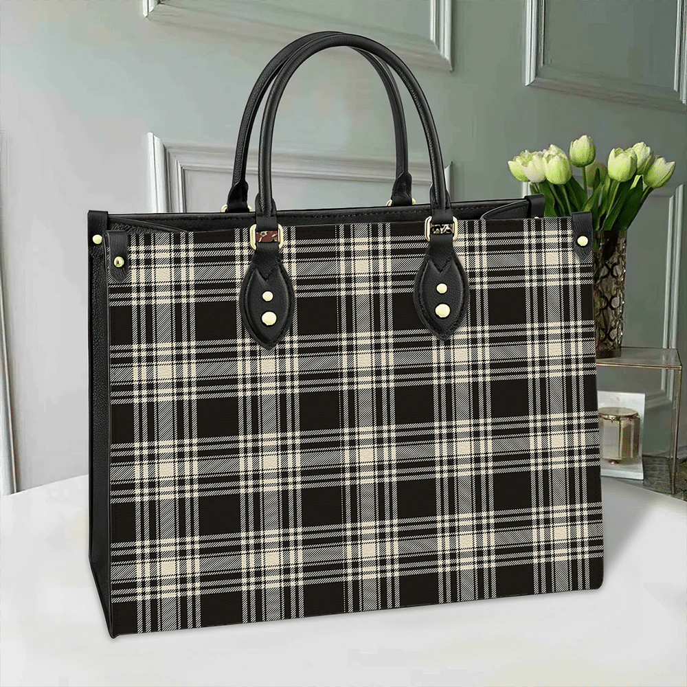 Menzies Black & White Ancient Tartan Classic Leather Bag