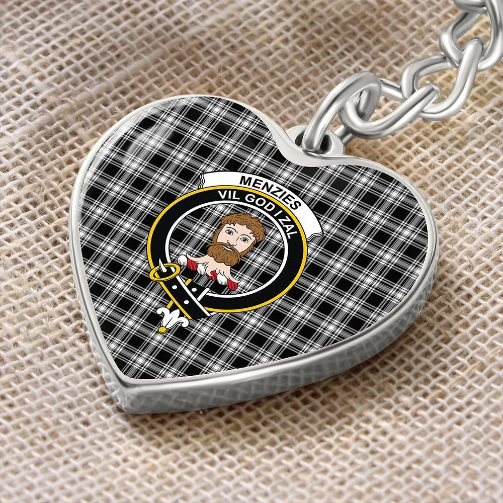 Menzies Black & White Modern Tartan Classic Crest Heart Keychain