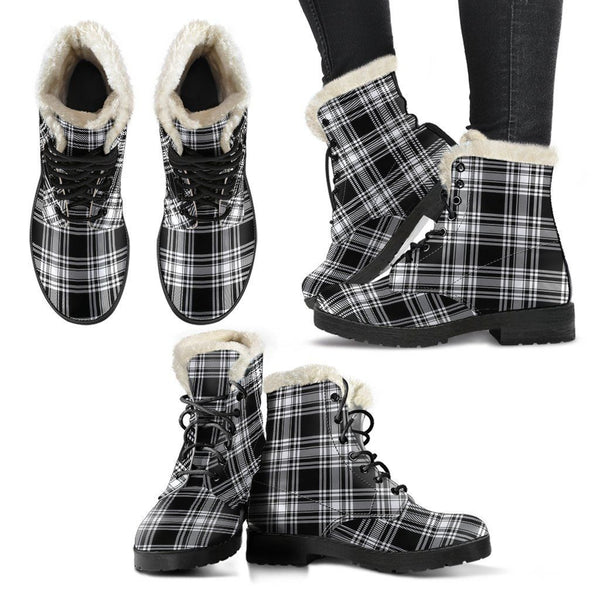 Menzies Black & White Modern Tartan Classic Faux Fur Leather Boots