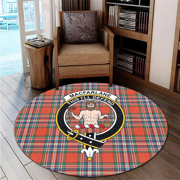 MacFarlane Ancient Tartan Classic Crest Round Carpet