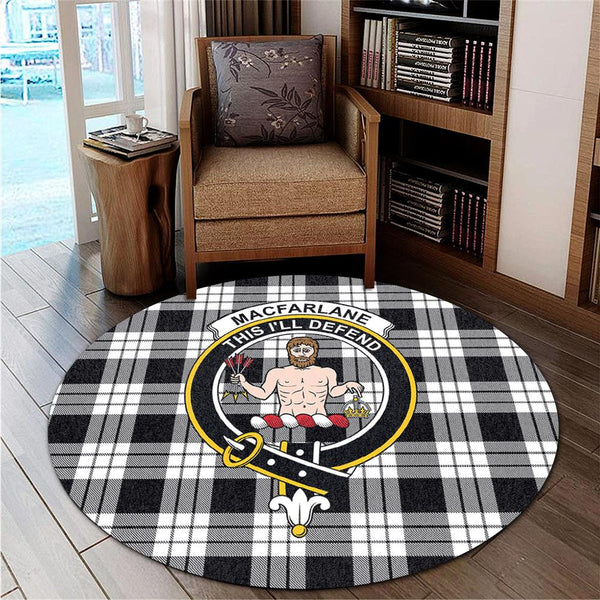 MacFarlane Black & White Ancient Tartan Classic Crest Round Carpet