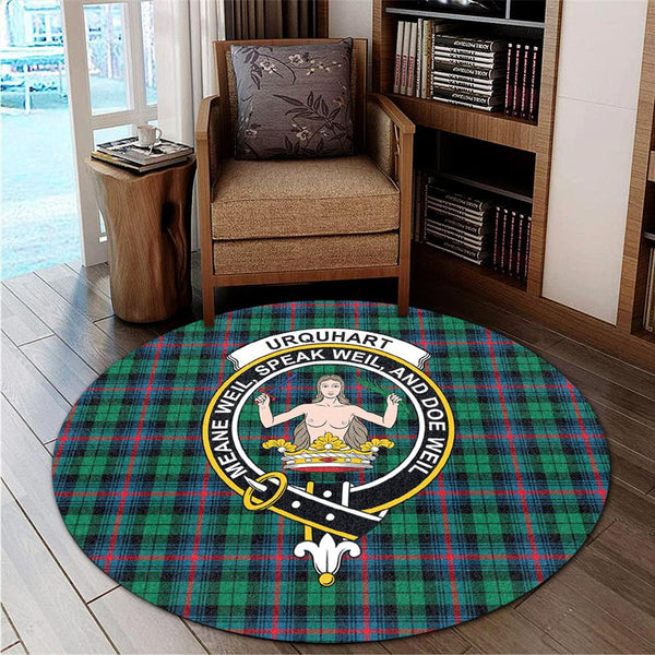 Urquhart Broad Red Ancient Tartan Classic Crest Round Carpet