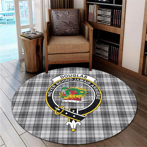 Douglas Grey Modern Tartan Classic Crest Round Carpet