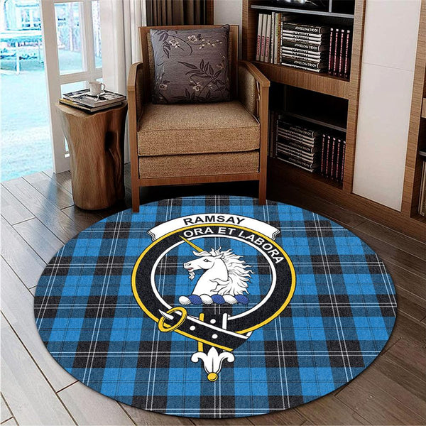 Ramsay Blue Ancient Tartan Classic Crest Round Carpet