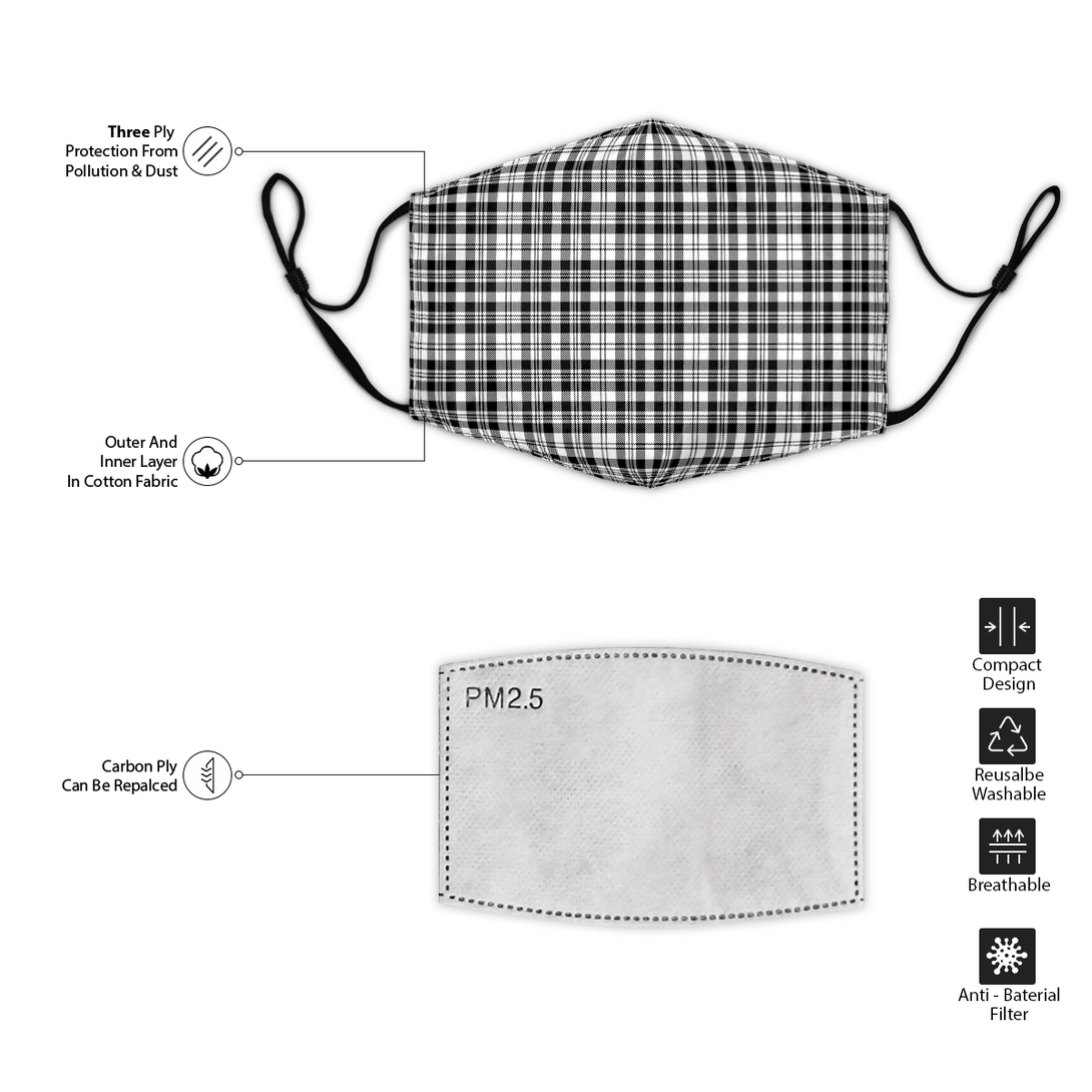 Celticprime Accessories - SCOTT BLACK & WHITE MODERN Tartan Fabric Mask (With Filters)