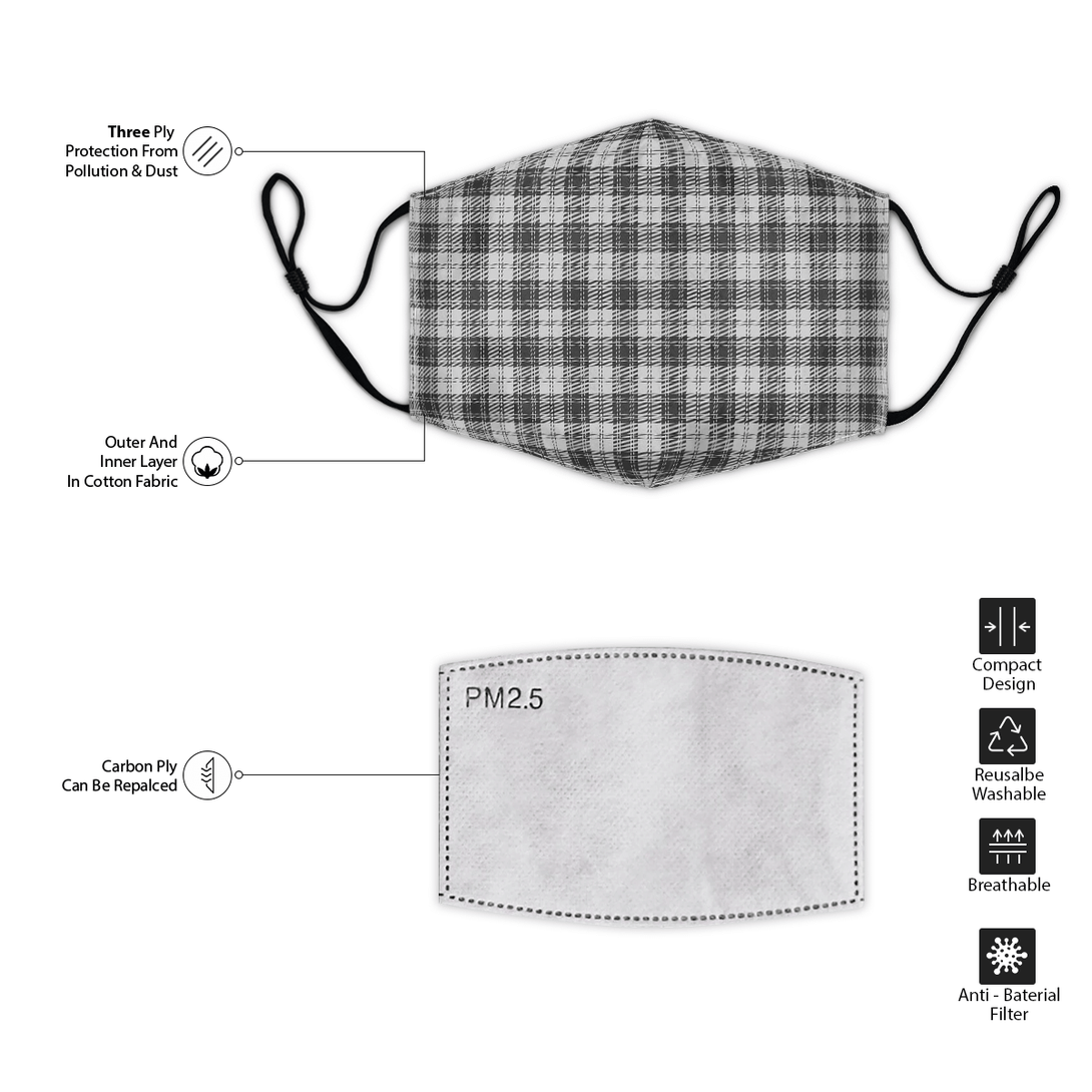 Celticprime Accessories - Douglas Grey Modern Tartan Fabric Mask (With Filters)