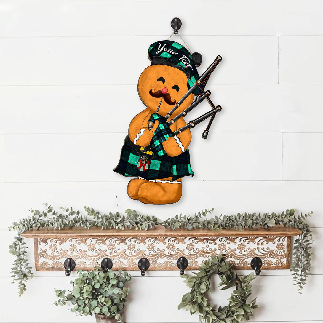 Abercrombie Modern Crest Tartan Wooden Sign Gingerbread Bagpipe Personalized