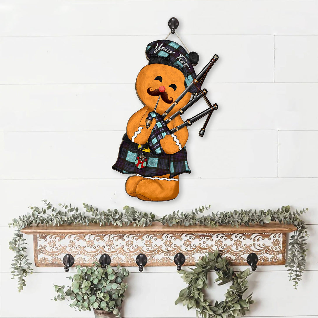 Abercrombie Weathered Crest Tartan Wooden Sign Gingerbread Bagpipe Personalized