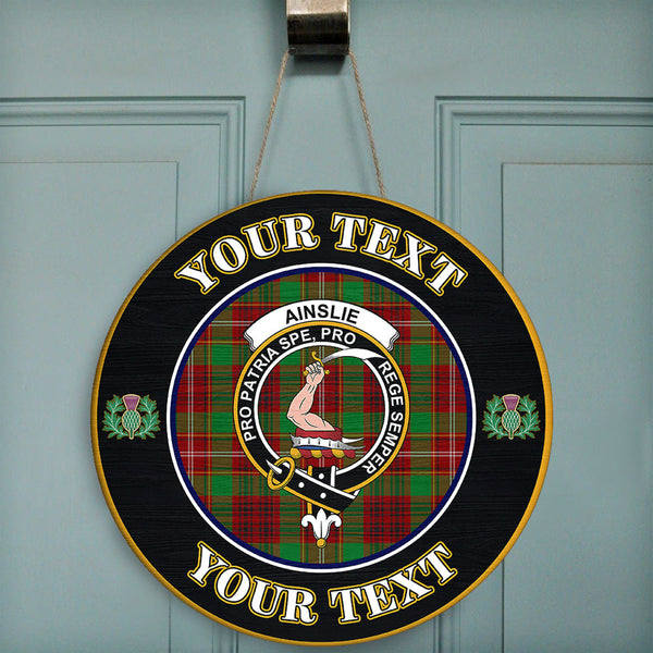 Ainslie Tartan Crest Round Wooden Sign Thistle Memory Style