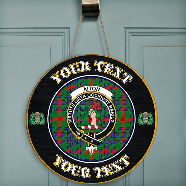 Aiton Tartan Crest Round Wooden Sign Thistle Memory Style