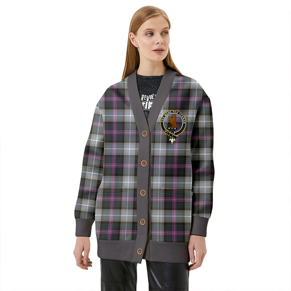 Alexander of Menstry Hunting Weathered Clan Badge Tartan V-neck Cardigan