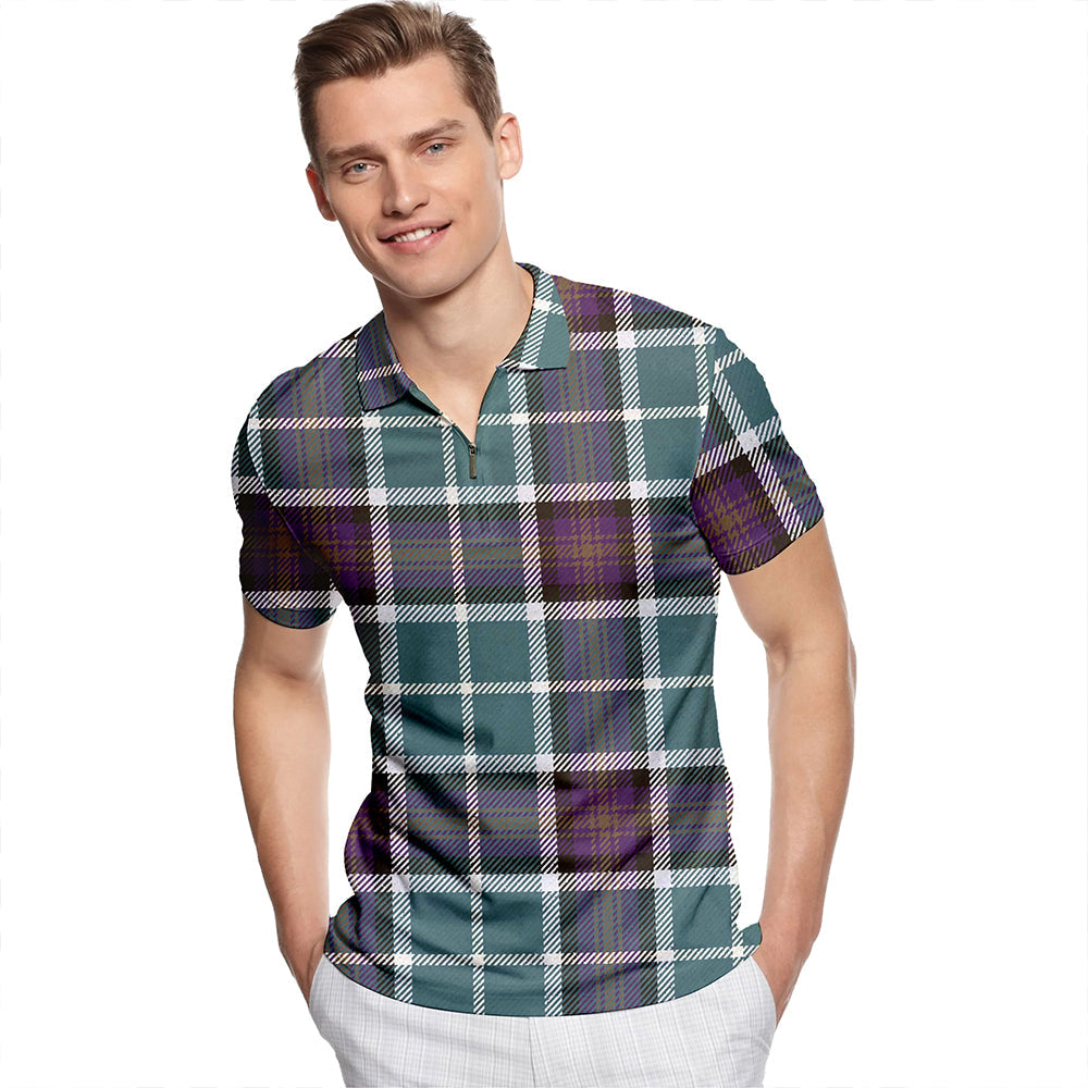 Alexander of Menstry Weathered Tartan Classic Lapel Zip Short Sleeve Polo