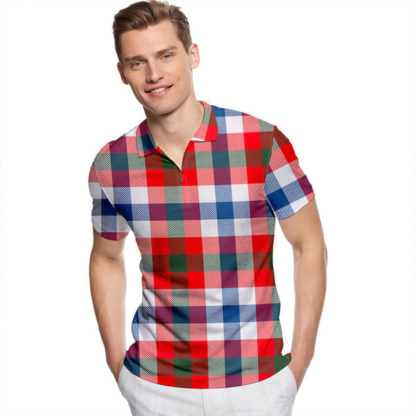 Algarve Modern Tartan Classic Lapel Zip Short Sleeve Polo