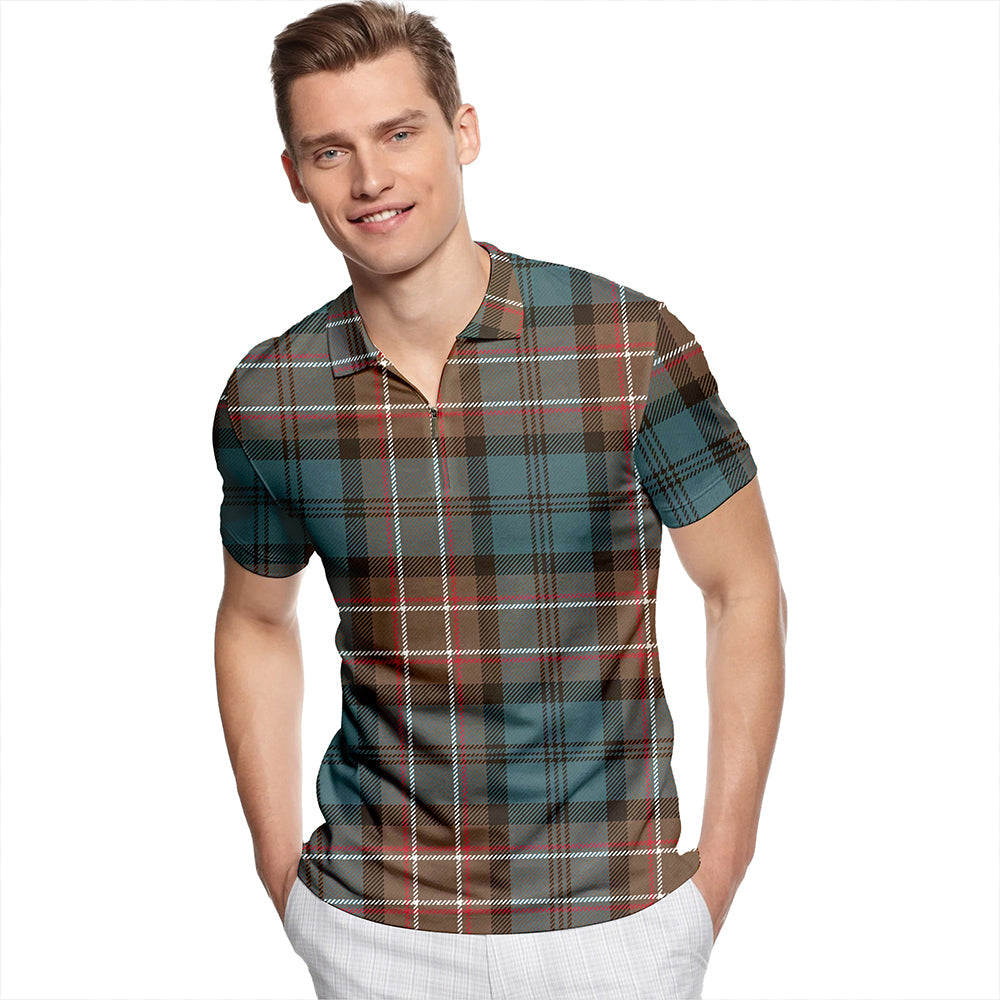 Allan Weathered Tartan Classic Lapel Zip Short Sleeve Polo