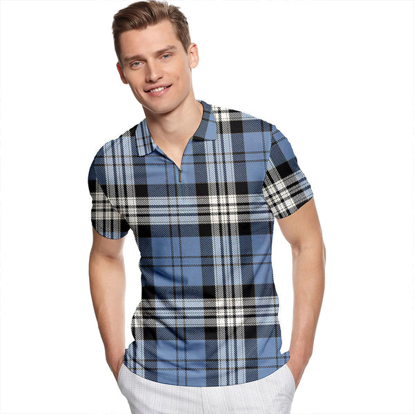 Anderson Blue Ancient Tartan Classic Lapel Zip Short Sleeve Polo