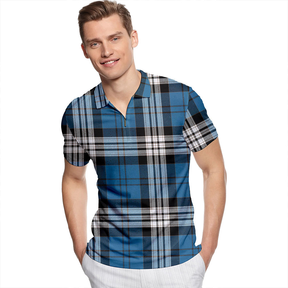 Anderson Blue Modern Tartan Classic Lapel Zip Short Sleeve Polo