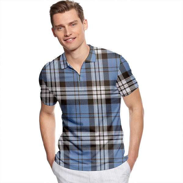 Anderson Blue Weathered Tartan Classic Lapel Zip Short Sleeve Polo