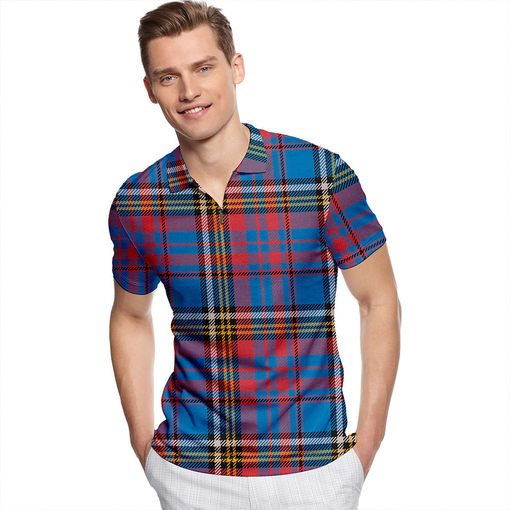 Anderson Blue Westwood Ancient Tartan Classic Lapel Zip Short Sleeve Polo